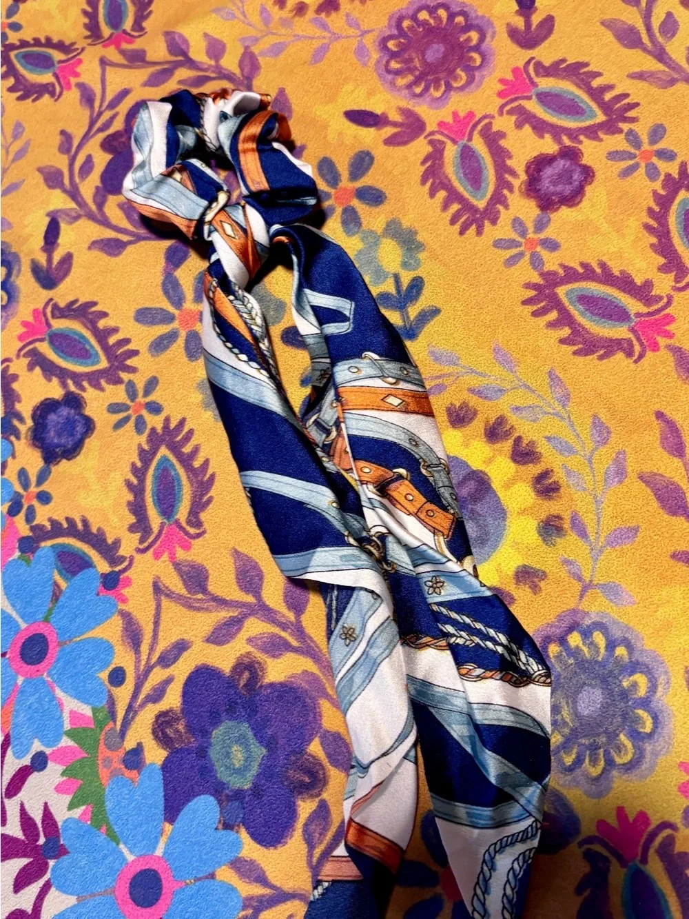 Silky Floral & Chain Print Scarf Scrunchie Trio (Blue, Cream, Black)